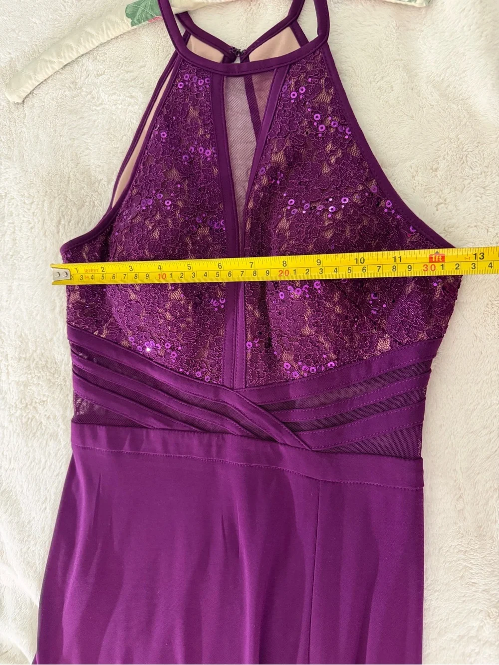 Morgan & Co. Purple Sequin Lace Open Back Formal Gown Size 3 Tall - Picture 6 of 13